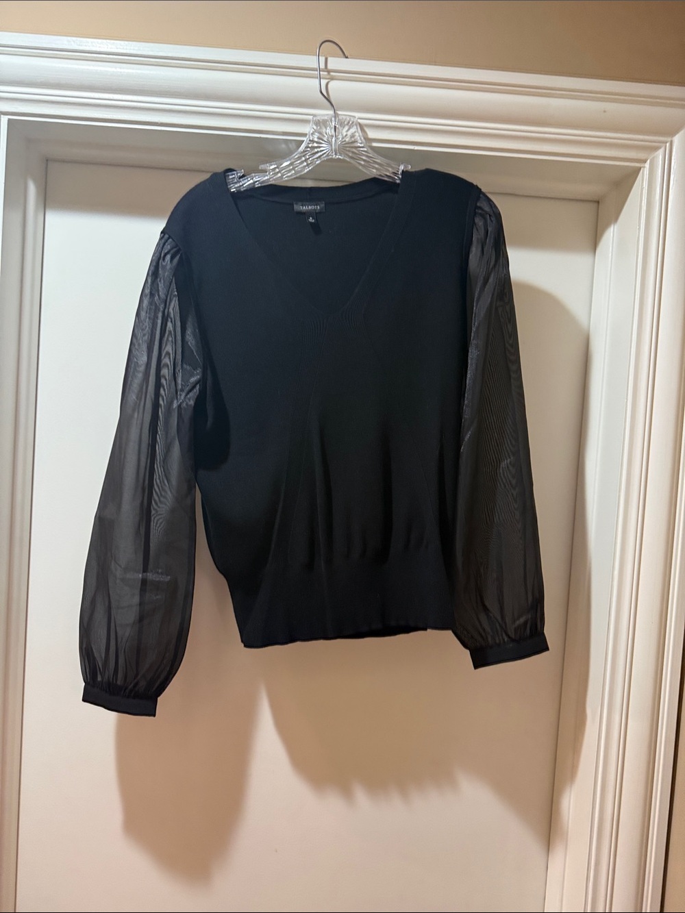 Talbots Black V-Neck Sweater with Sheer Puff Sleeves